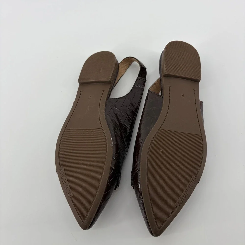 Old Navy Chocolate Croc Embossed Pointy Toe Slingback Flats Chain Accent Size‎ 8